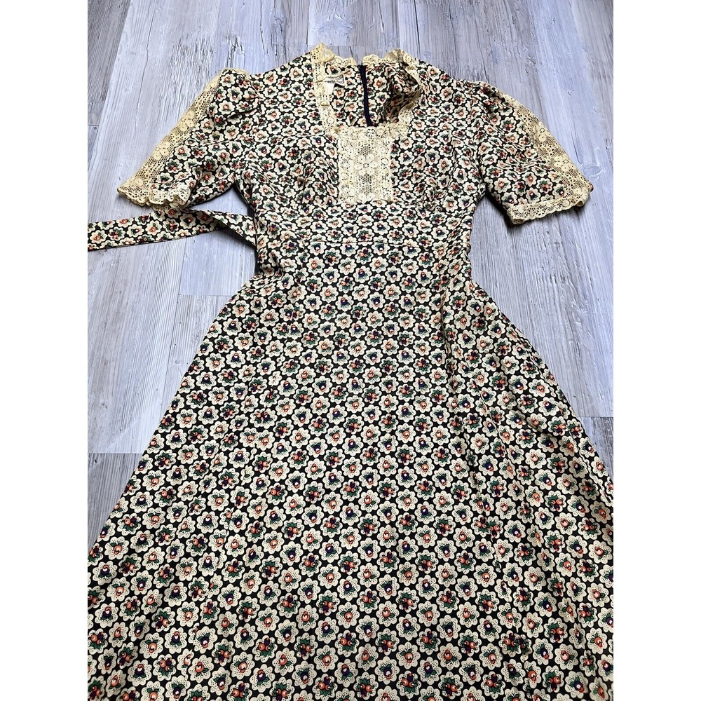 Vintage Young Edwardian Dress Prairie‎ Cottagecore Floral Lace Trim Size 11 Maxi